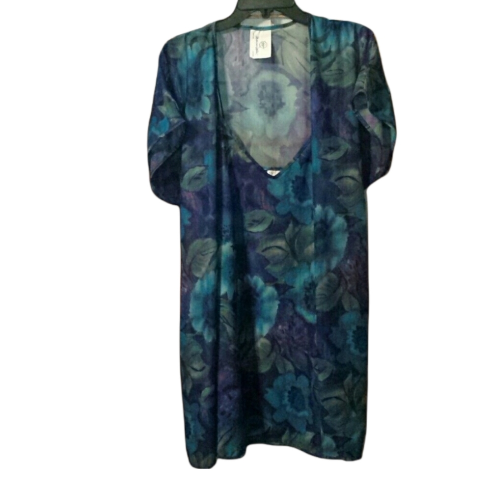Blue And Purple Floral Robe and Slip V Neck Gown Set sz Medium
